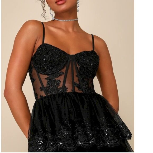 Lulus Alluring Sensation Black Tulle Embroidered Tiered Maxi Dress Small - Picture 5 of 11